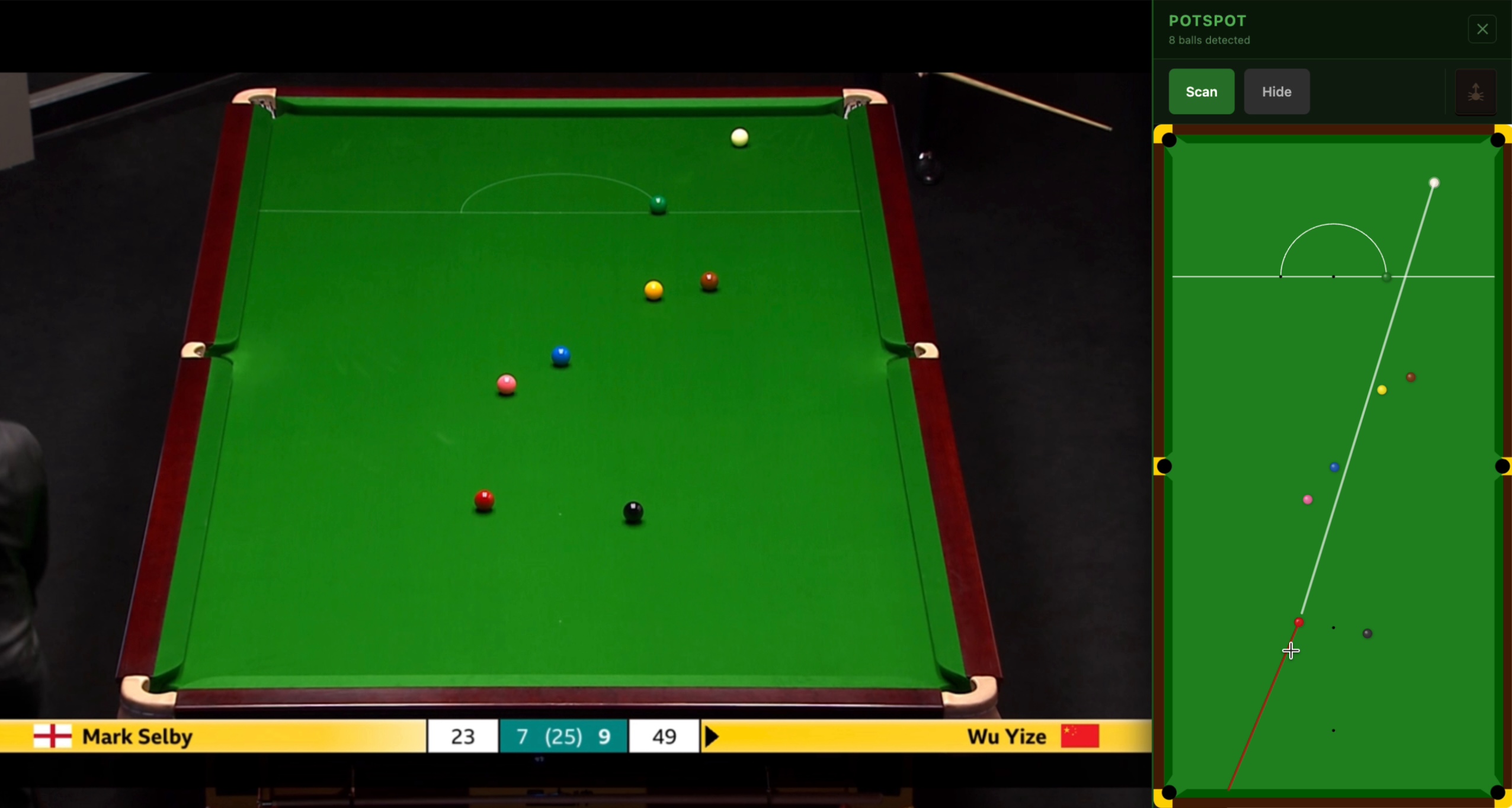 Snooker table with a sidebar showing player isn't snookered!